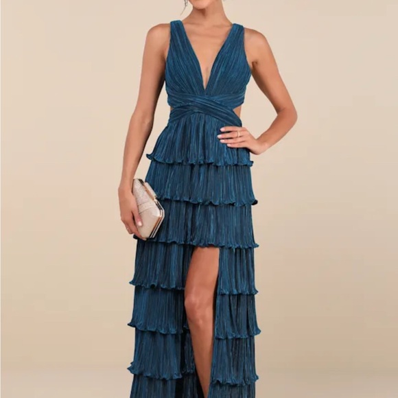 Lulu's Beauty Icon Dark Teal Satin Pleated
Tiered Lace-Up Maxi Dress - Picture 1 of 4